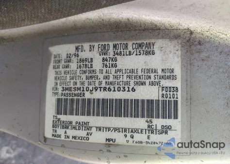 1996 Mercury Tracer Trio z USA, uszkodzony, nr VIN 3MESM10J9TR610316